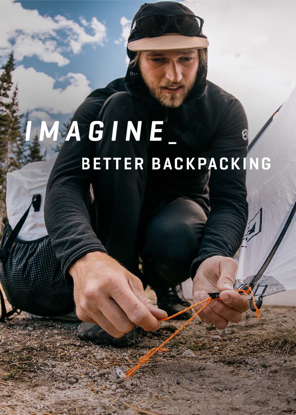 A man crouches outdoors near a CrossPeak 2 tent, adjusting an orange cord, with large text reading 'IMAGINE BETTER BACKPACKING' overlaid across the center.