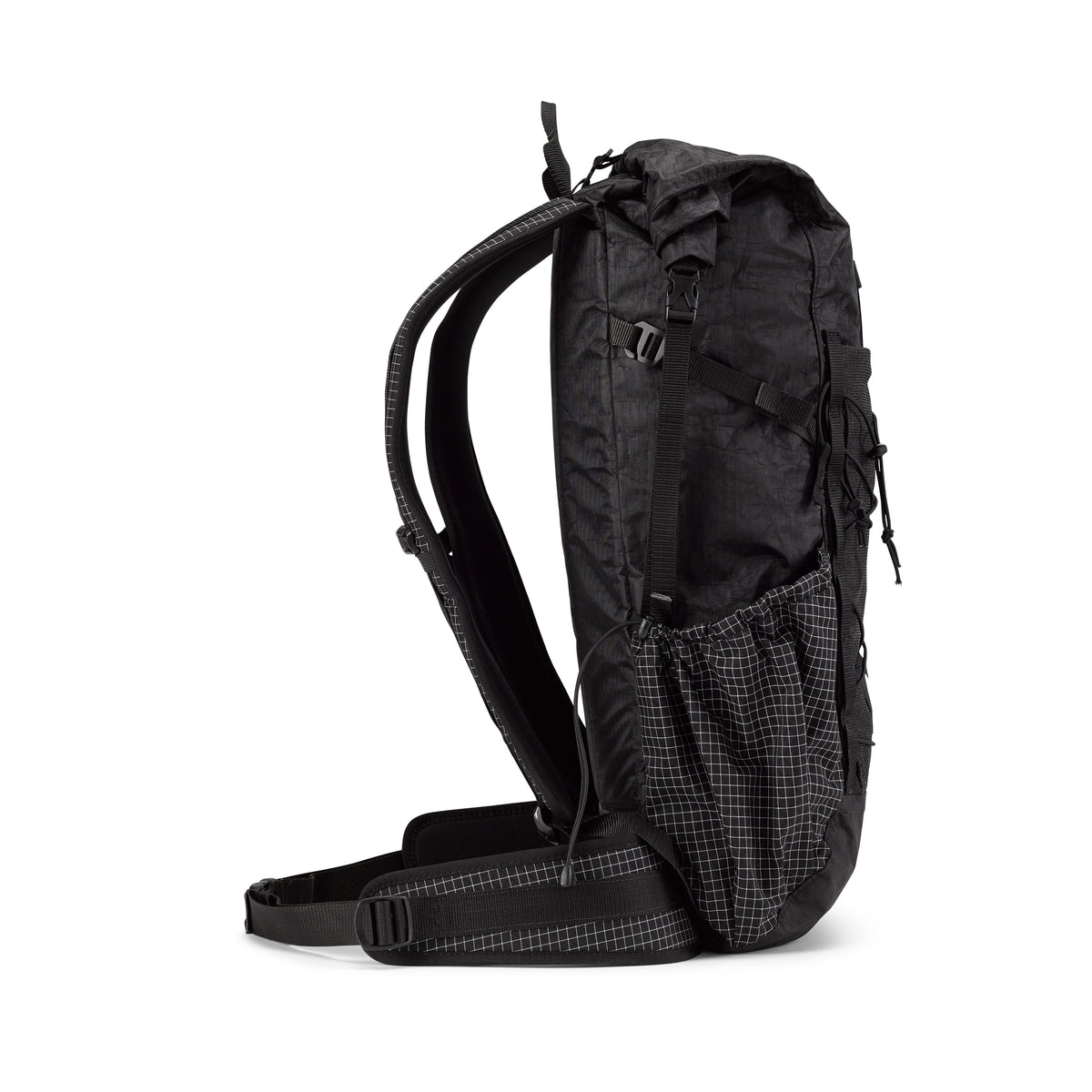 Side view of the Hyperlite Mountain Gear Elevate 22 in Black showing the cinchable hardline side pockets