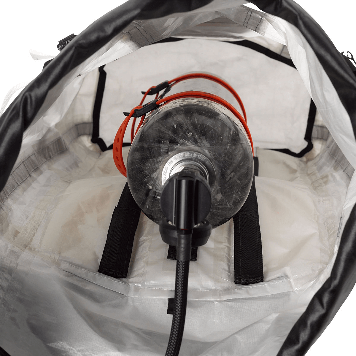 Inside view of the Hyperlite Mountain Gear Halka 55 showing an oxygen tank secured by Voile straps