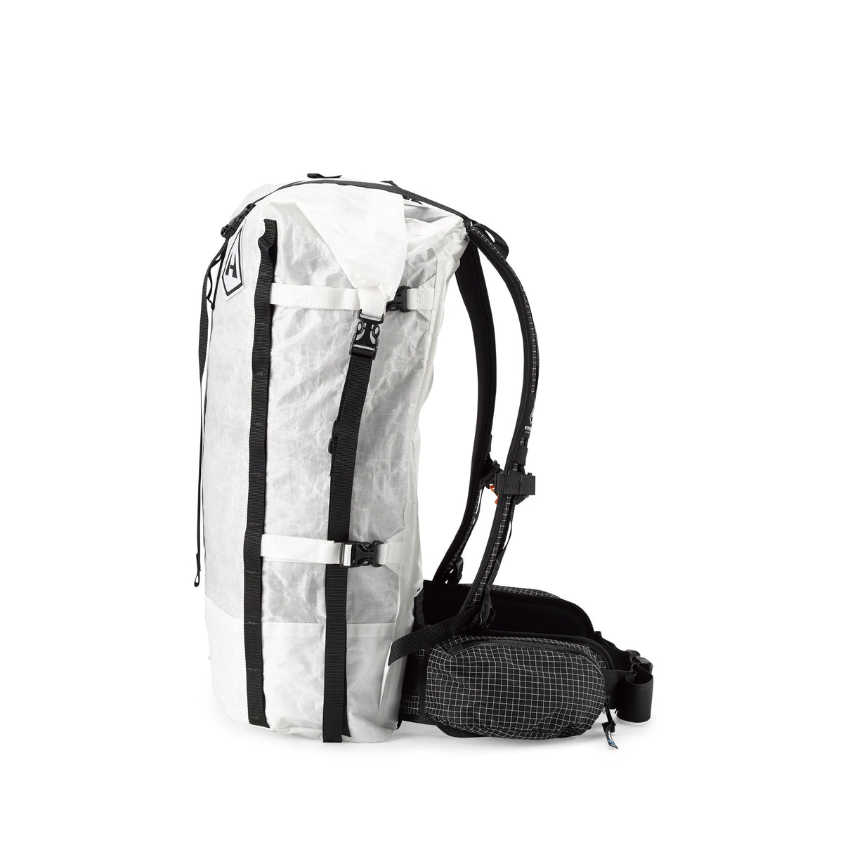 Left side view of Hyperlite Mountain Gear's Porter 40 Pack in White showing buckles and hip belt