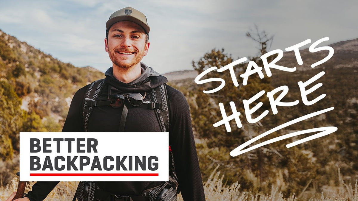 Man with backpack in a mountainous landscape with 'Better Backpacking' text and 'Starts Here' slogan.