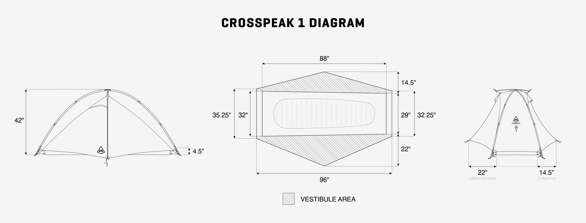 Diagram of a crosspeak 1 tent with dimensions on a white background