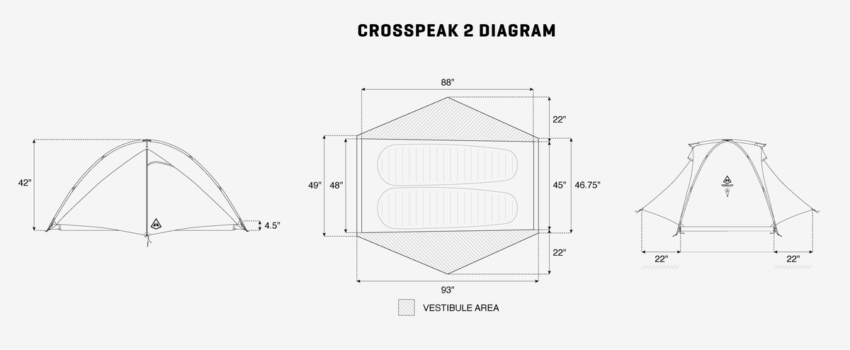 Technical diagram of a Crosspeak 2 tent with dimensions on a white background