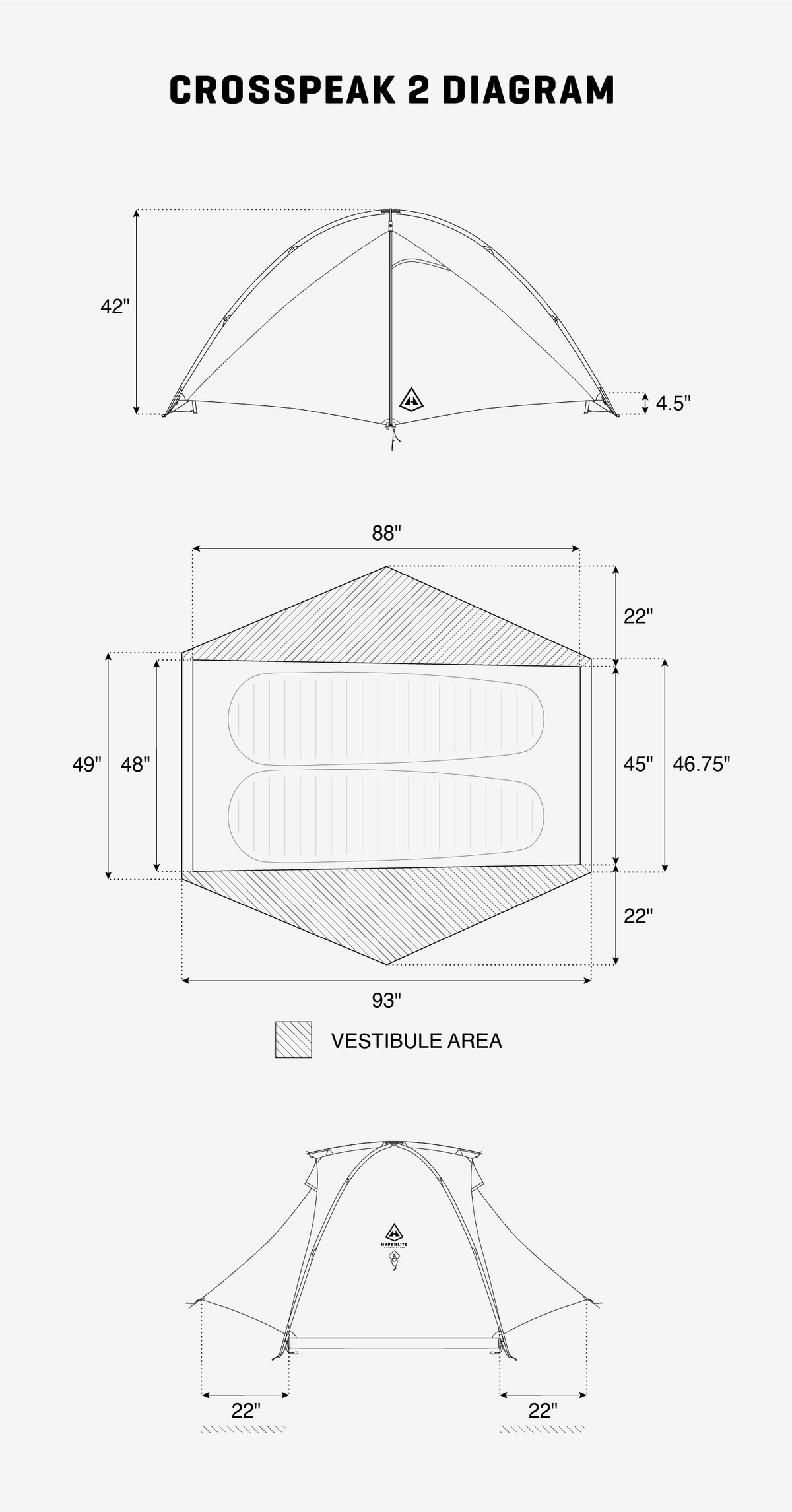Technical diagram of a Crosspeak 2 tent with dimensions on a white background