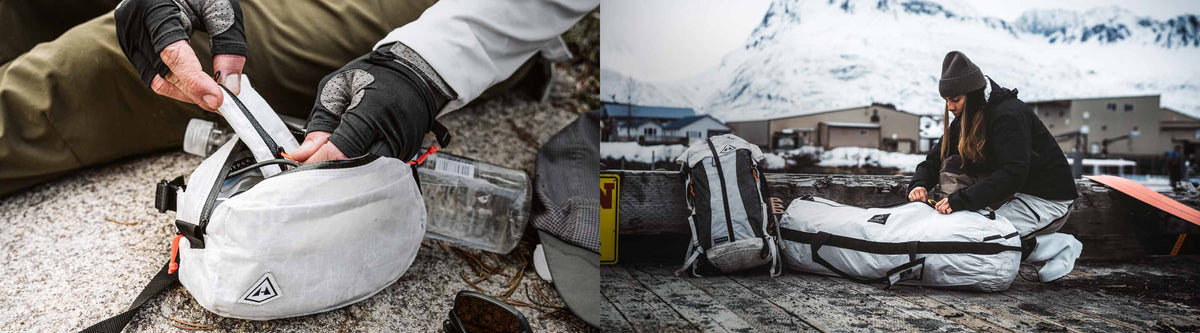 Person securing a helmet with straps, followed by a person packing gear into a bag in a snowy landscape.