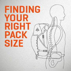 Illustration of a person wearing a backpack with text 'Finding Your Right Pack Size' on a light gray background.