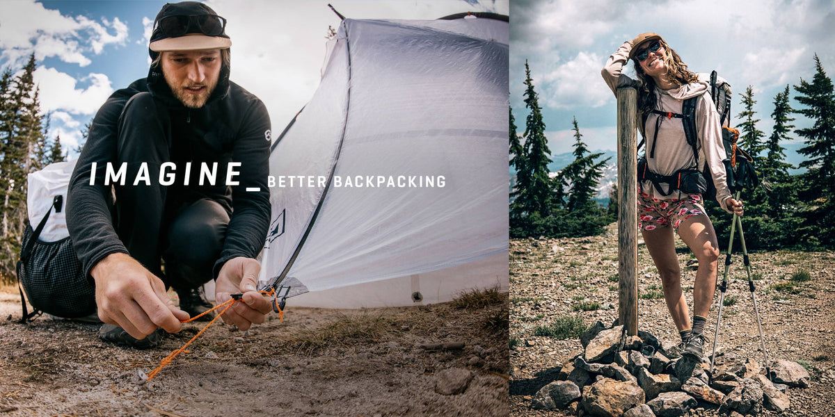 A split outdoor lifestyle scene showing two people camping in a forest. On the left, a man kneels beside a white CrossPeak 2 tent with the text 'IMAGINE BETTER BACKPACKING' overlaid.