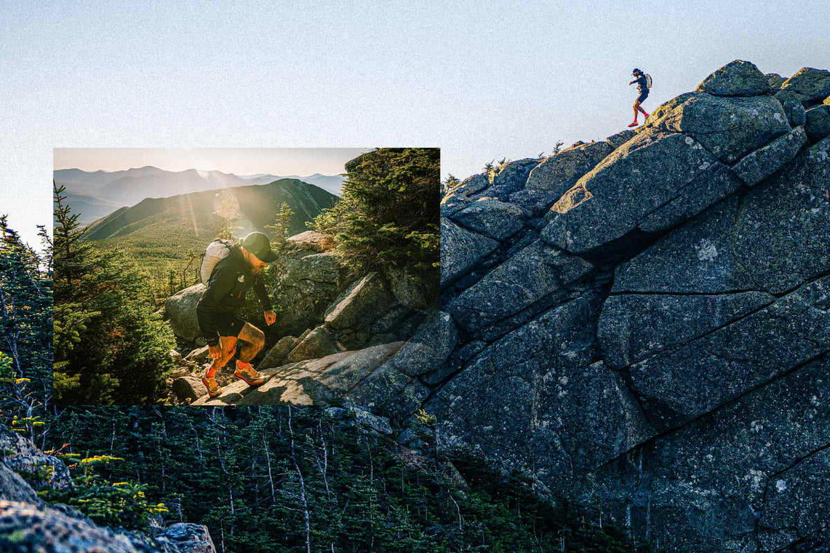 Jimmy hiking on rocky mountains with inset showing a close-up of the Pemi 15 running pack.