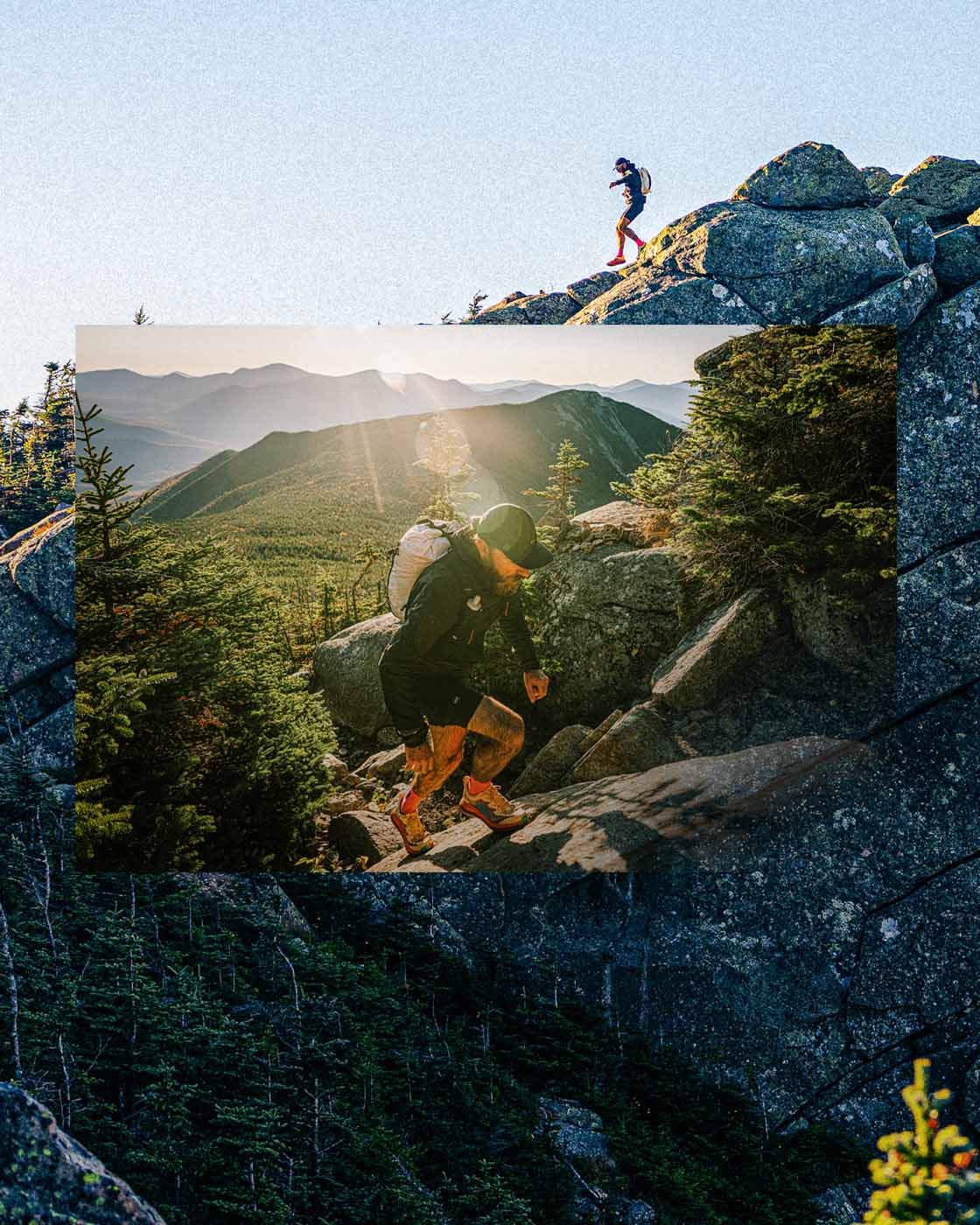 Jimmy hiking on rocky mountains with inset showing a close-up of the Pemi 15 running pack.
