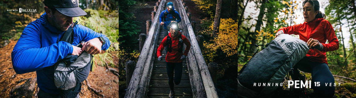 Three outdoor scenes with people in action: a person in blue preparing gear, a runner on a wooden bridge, and a person in red with a backpack.