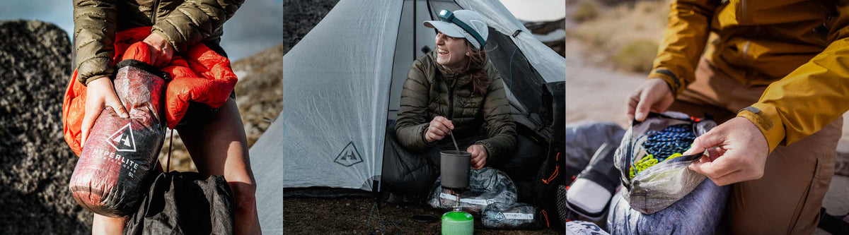 Three images showing camping activities: holding a bag, sitting inside a tent, and opening a pack.