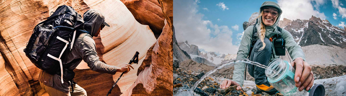 Two outdoor scenes: one with a person hiking on a rocky path, the other by a mountain stream.