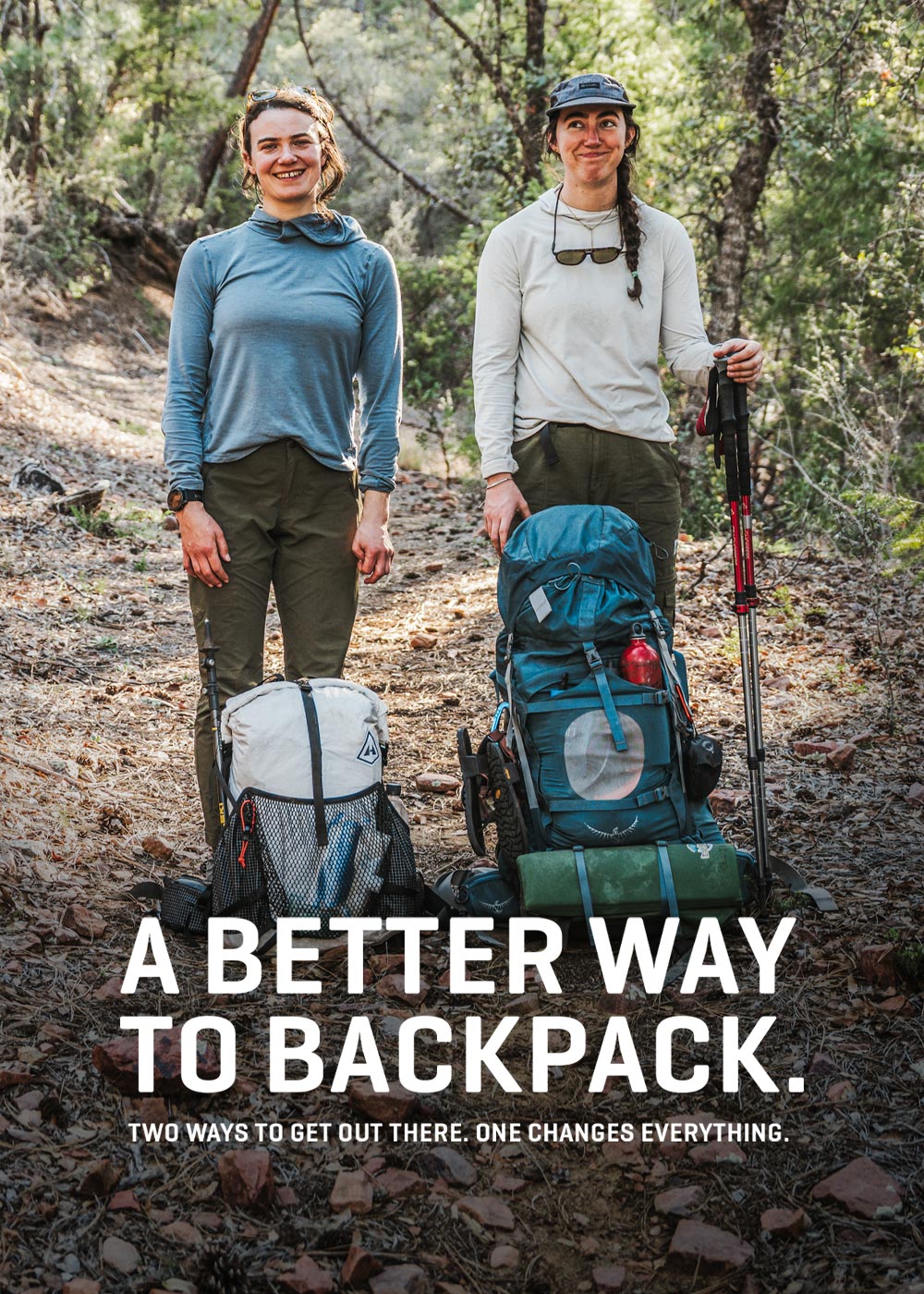 Two people with backpacks and hiking gear on a trail, with text 'A Better Way to Backpack'.