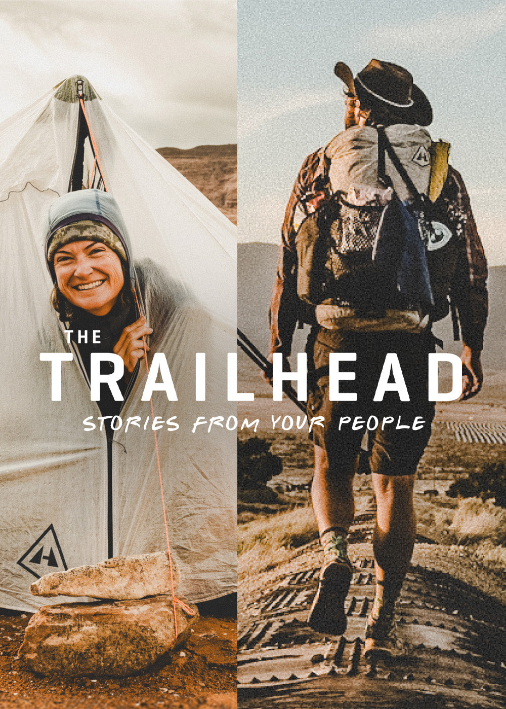 Collage of people camping and hiking with text 'The Trailhead: Stories from Your People' and a Hyperlite Mountain Gear logo.