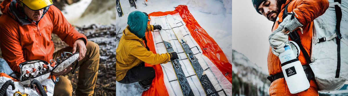 Three people preparing for a skiing trip in snowy conditions, with gear and equipment.