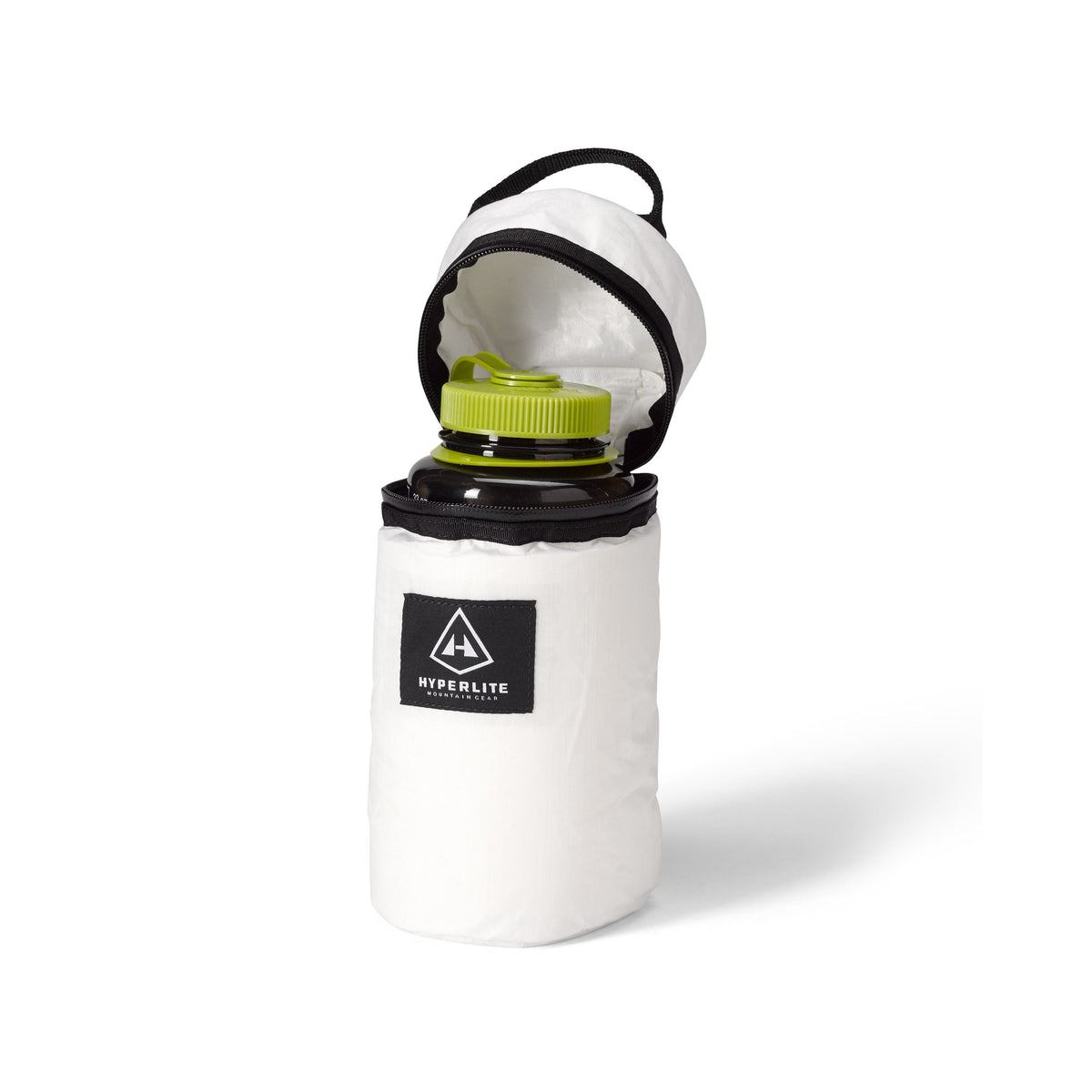 Front view of the Hyperlite Mountain Gear Insulator open with a widemouth water bottle fit snuggly inside