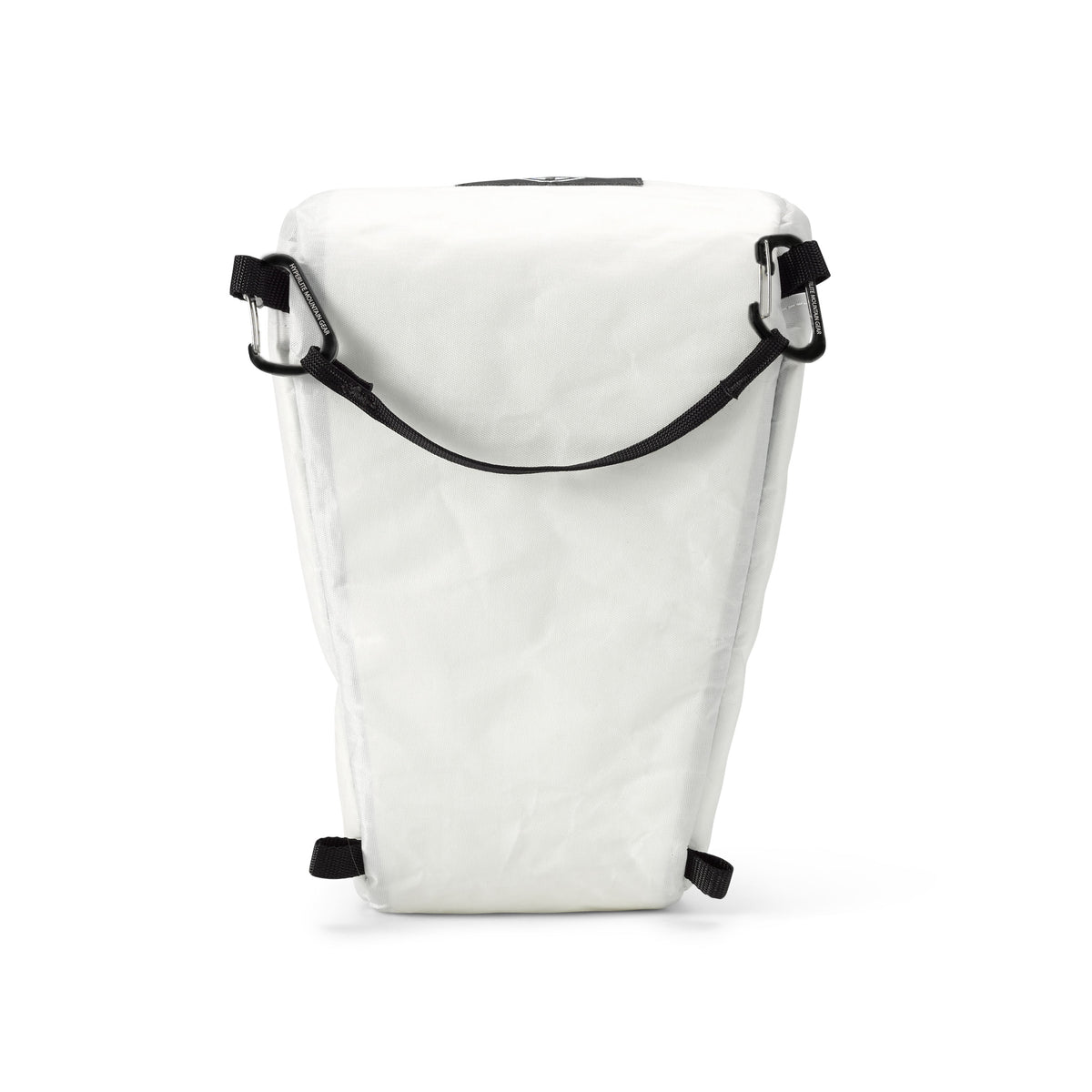 Rear view of the Hyperlite Mountain Gear Camera Pod in White with 2 Flat Micro D Carabiners attached