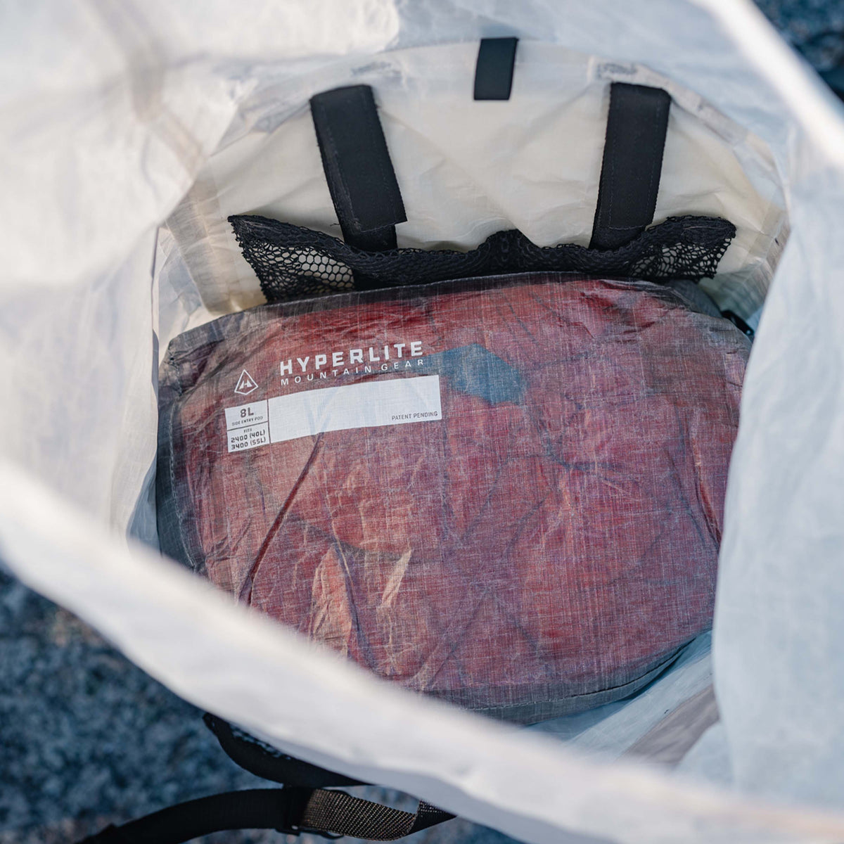 Over head shot of Hyperlite Mountain Gear's 8L Side Entry Pod in a pack